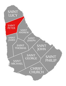 Saint Peter Red Highlighted In Map Of Barbados