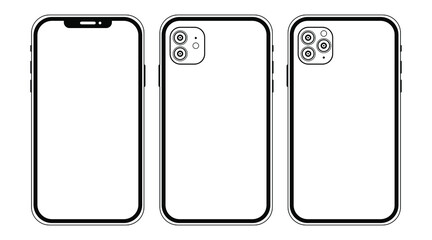 New phone icon. Front and back side. Smartphone mock up with white screen. Illustration for app, web, presentation, design.