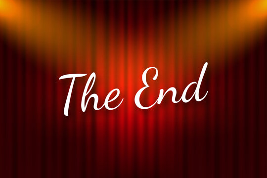 The End handwrite title on red round background. Old movie circle ending screen. Vector stock illustration.