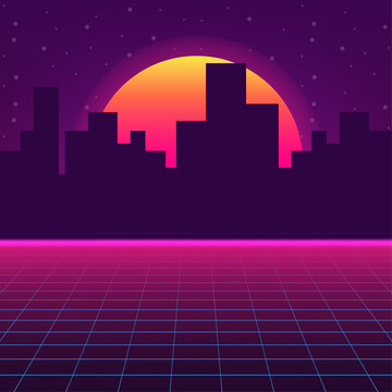 Futuristic Landscape With Styled Laser Grid. Neon Retrowave. Vector stock illustration.