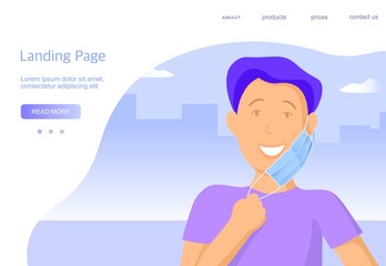 Young man takes off a medical mask. Template for landing page