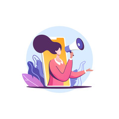 Advertising promotion. Woman shout in loudspeaker, advertisement marketing concept. Online shopping. Announcement business communication. Vector illustration.
