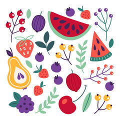 Fruits and berries set - watermelon, gooseberry, cherry, blueberry, blackberry, pear