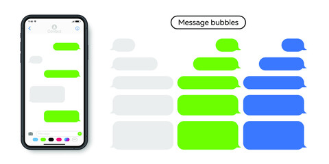 Modern smartphone with messenger chat screen. Template messages bubbles for compose dialogues. Social network, chatting and messaging concept.