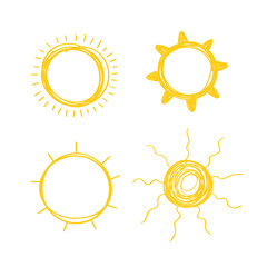 Hand drawn set of cute sun. Doodle style yellow sunlight elements set. Objects isolated on white background - Vector
