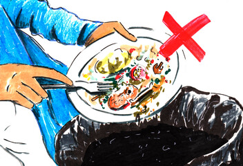 Social hand drawn illustration. No food waste. Simple sketch of a person throwing food in a trash can.Zero waste theme. Reduce food waste campaign