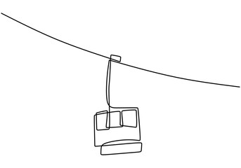 One continuous line drawing of cable car. Transportation to the mountain. Cable car or ropeway for on the way go to the ice mountain minimal hand draw isolated on white background © ngupakarti