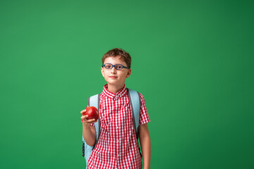 smart, serious schoolboy holds an Apple in his hand, standing against