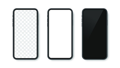 Realistic smartphone mockup set. Mobile phone transparent, white and black screen design. Modern digital device template. Vector illustration.