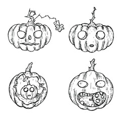Halloween pumpkins. Jack'O'Lanterns. Isolated objects on a white. Vector cartoon illustrations. Hand-drawn.
