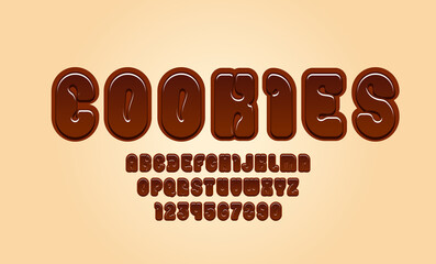 New trendy font, brown alphabet in the cartoon style, rounded letters from A to Z and numbers from 0 to 9 for you designs: logo, t shirt, card, poster, vector illustration 10EPS