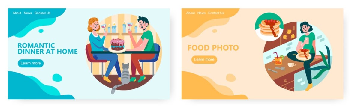 Couple has romantic dinner at home, drink wine with cake. Woman cook pancakes with syrup at home kitchen. Concept illustration. Vector web site design template. Landing page website illustration