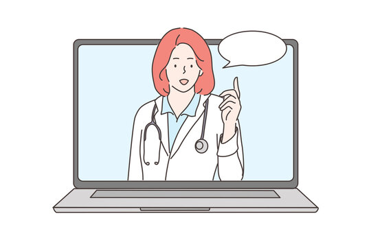 Consultation, medicine, healthcare, online, conference concept. Young woman doctor consultant talking online with patient making video call looking at camera. Remote therapy session and examination.