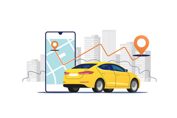 Yellow car, smartphone with route and points location on a city map on the urban landscape background. Car and satellite navigation systems concept vector illustration. - obrazy, fototapety, plakaty
