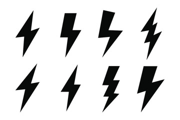 Black icons of thunder or lightning vector signs. Thunder strike logo on a white background.