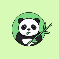 Cute panda eat leaf and holding bamboo stem simple outline vector illustration. asian animal mascot badge logo design.
