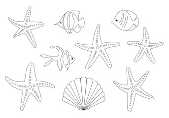 fish and sea stars - vector set of contours