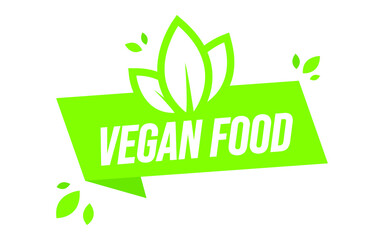 Vegan food icon. Organic label tag. Green leaf banner. Vector illustration.
