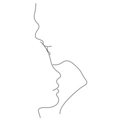 A man kisses the contour of a woman's forehead. Minimalism style. The design is suitable for decor, paintings, tattoos, a symbol of tenderness and love, print on a t-shirt. Isolated vector