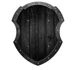Wooden medieval shield with a metal frame isolated 3d illustration.