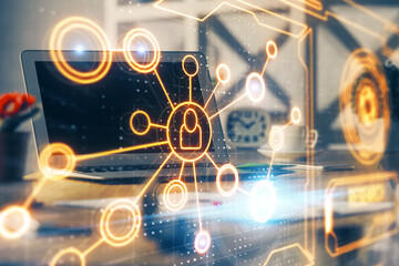 Fototapeta premium Computer on desktop with social network theme icon. Multi exposure. Concept of international connections.