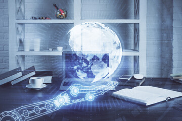 Multi exposure of table with computer and world map hologram. International data network concept.