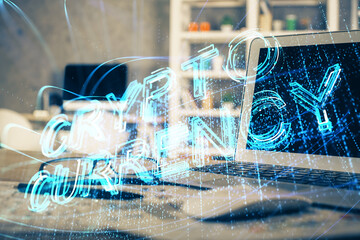 Multi exposure of blockchain theme hologram and table with computer background. Concept of bitcoin...