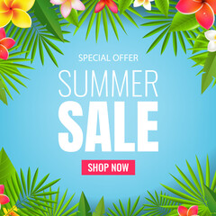 Fototapeta na wymiar Sale Poster And Tropical Leaves And Flowers With Gradient Mesh, Vector Illustration
