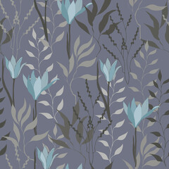 Textile floral seamless pattern. Vector texture of violet flowers on a dark background. Vintage style.