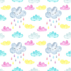 Watercolor seamless pattern cute clouds, rain, heart. Weather, sky background, colorful, pastel colors. Digital paper, for baby textile, fabric, nursery decor.  Dream big, scandinavian print