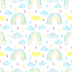 Watercolor seamless pattern cute rainbow, clouds, rain. Weather, sky background, colorful, pastel colors. Digital paper, for baby textile, fabric, nursery decor.  Dream big, scandinavian print