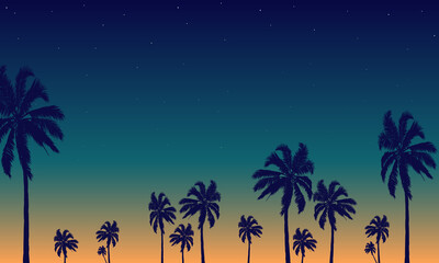 Night tropical palm trees background, vector art illustration.