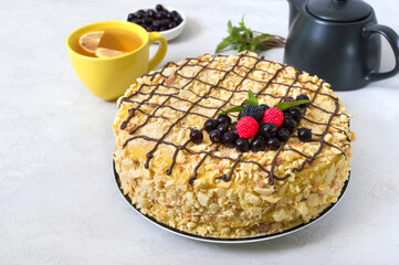 Classic Napoleon cake. Delicious festive layered dessert with puff pastry and custard decorated...