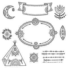 The set of decorative elements is stylized as children's drawing in the Scandinavian style. Funny cartoon kids coloring book. Folk art. Flower, moon, arrows, frame for an inscription or explanation.