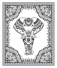 Stylized with henna tattoo decorative pattern for decorating covers book, notebook, casket, postcard and folder. Mandala, flower, elephant and border in mehndi style. Frame in the eastern tradition.