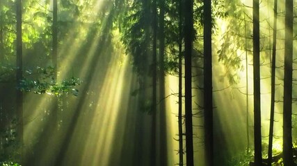 Magical gold colored sun rays through forest tree landscape 