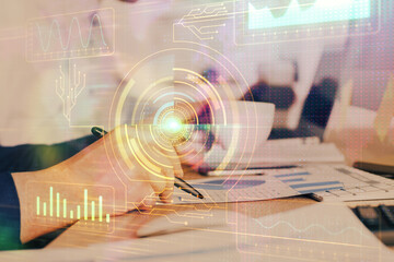 Human hands with tech theme multi exposure drawings.