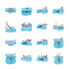 set of icons with people in swimming
