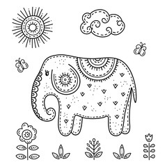 Funny cartoon children coloring book. Elephant with butterflies in a meadow surrounded by flowers on a Sunny day. Kids drawing in the Scandinavian style. Folk art.