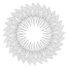 Abstract black and white circular pattern. Geometric pattern with visual distortion effect. Optical illusion. Op art. Coloring book