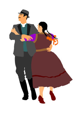 Hungarian csardas folk dancer couples in love, vector illustration. German folklore Oktoberfest actors. Austrian traditional wedding culture from East Europe. Balkan dancing. Woman and man festival. 