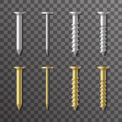 Nails and screws stainless steel and brass repair elements fixing set design vector illustration