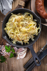 Fried onion in a cast iron skillet.