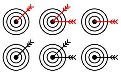 set of arrow icons hit the middle of the target. Accurate shot. Achieving a goal in business. Isolated vector on white background