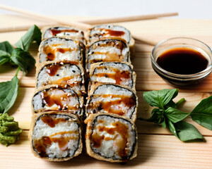 Sushi rolls with soy sauce, wasabi and basil. traditionally made with medium-grain white rice. Japanese sticks. Restaurant menu image.