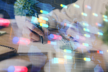 Fototapeta premium Double exposure of woman's hands on background with technology and digital coding icons. Data development concept. Close up.