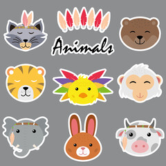 Set of different cute cartoon animal faces isolated on white background for stickers, cards, labels and tags.