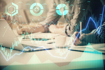 Multi exposure of forex chart with man working on computer on background. Concept of market analysis.