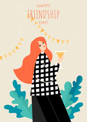 Vector friendship day card with a cute red-haired girl holding a glass of wine in her hand.