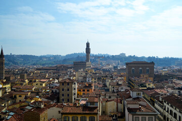 Florence, Italy. An aerial view of the city landscape seen from the bell tower of Santa Maria del Fiore church. 